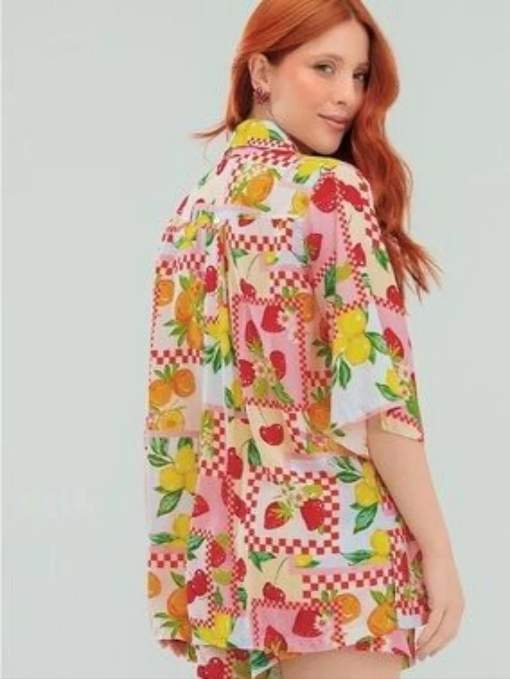 Women's Muslin Gauze Lemon Multi Fruit-Print Button Shirt Shorts Set Nwt